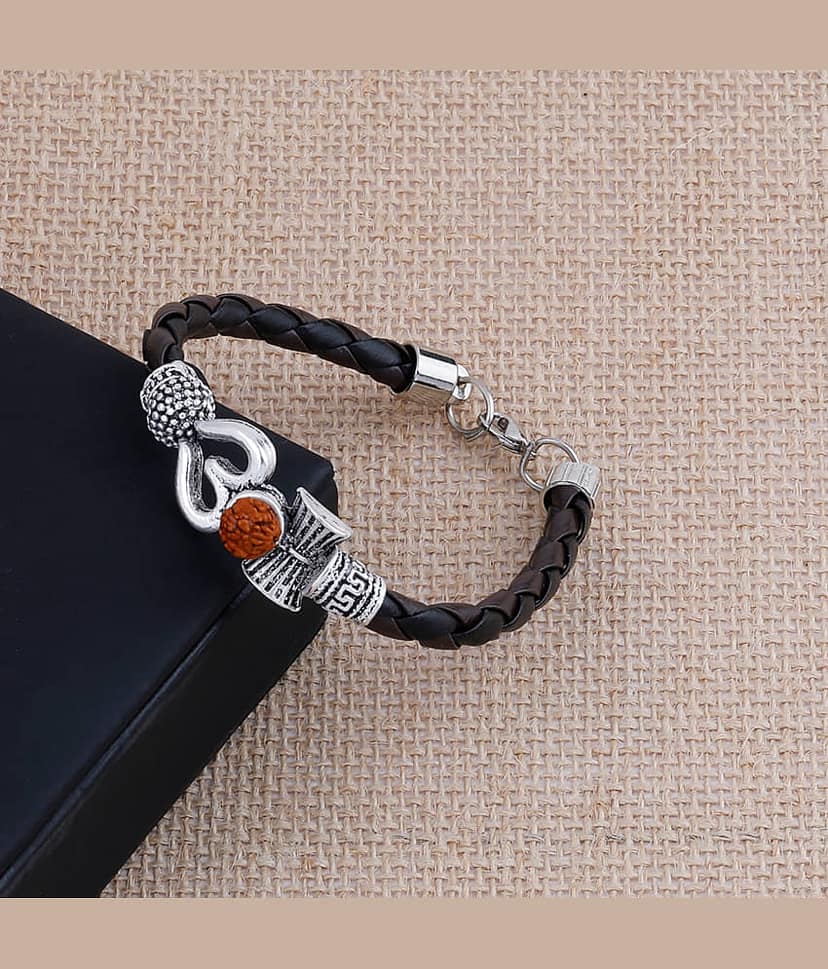 Rudraksha OM Trishul Damroo Designer Oxidized Silver Bahubali Leather Kada Bracelet Unisex Bracelets for Men & Women view 2