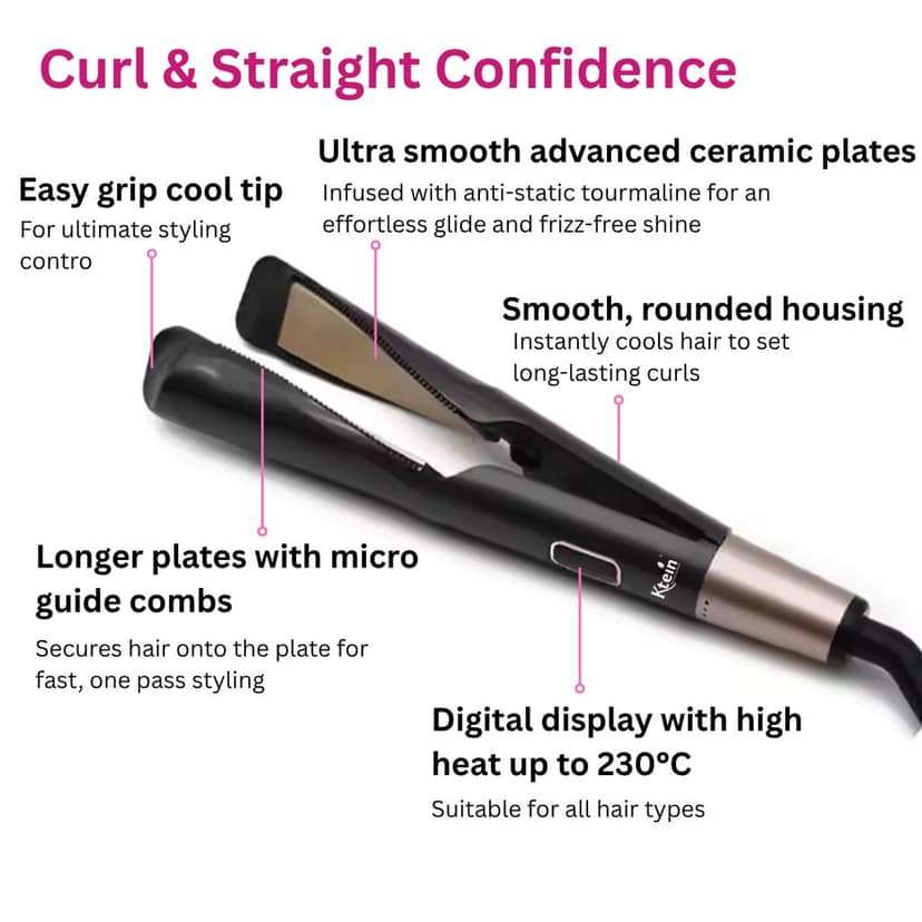 Ktein 2-in-1 Hair Styler – Curl, Wave & Straighten with Twisted Ceramic Plates | Innovative Twist-to-Set Temperature Control | Digital Heat Display up to 230°C | Tourmaline Anti-Frizz Technology view 3