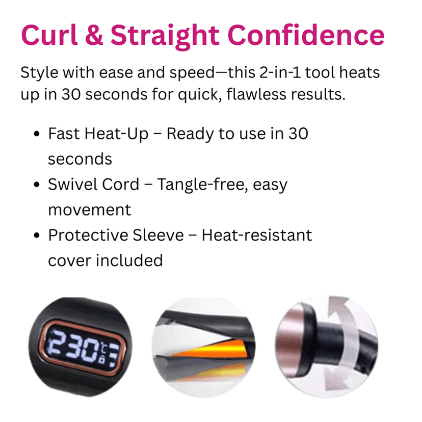 Ktein 2-in-1 Hair Styler – Curl, Wave & Straighten with Twisted Ceramic Plates | Innovative Twist-to-Set Temperature Control | Digital Heat Display up to 230°C | Tourmaline Anti-Frizz Technology view 5