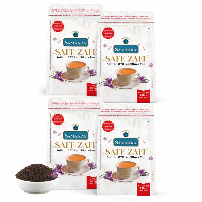 Jivvij Samaara Saffron Black Tea | Flavoured CTC Assam Black Leaf Tea | Kesar Chai Patti Powder | Saff Zaff Pouch