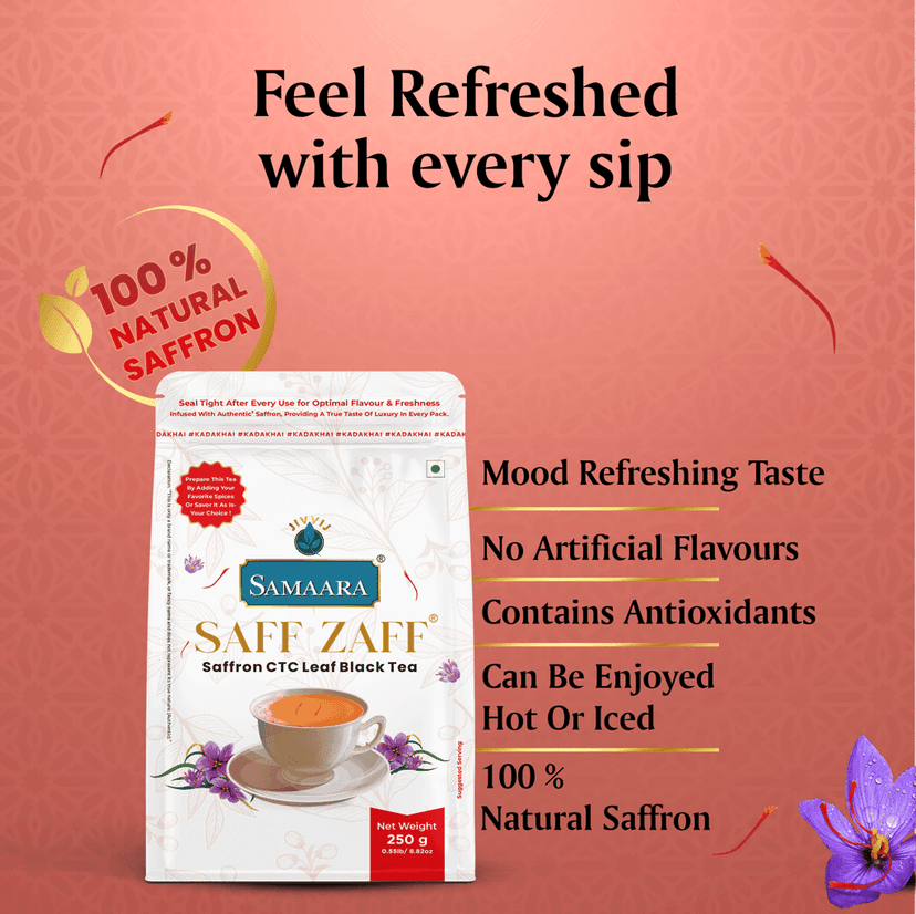Jivvij Samaara Saffron Black Tea | Flavoured CTC Assam Black Leaf Tea | Kesar Chai Patti Powder | Saff Zaff Pouch view 5