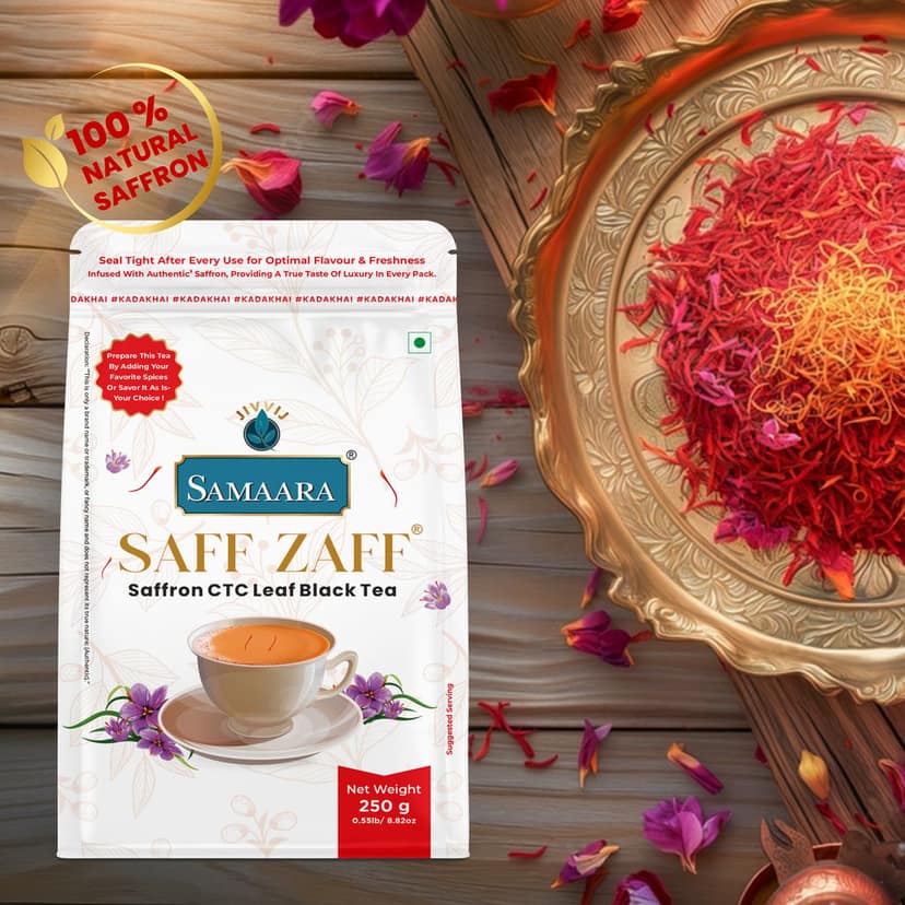 Jivvij Samaara Saffron Black Tea | Flavoured CTC Assam Black Leaf Tea | Kesar Chai Patti Powder | Saff Zaff Pouch view 7