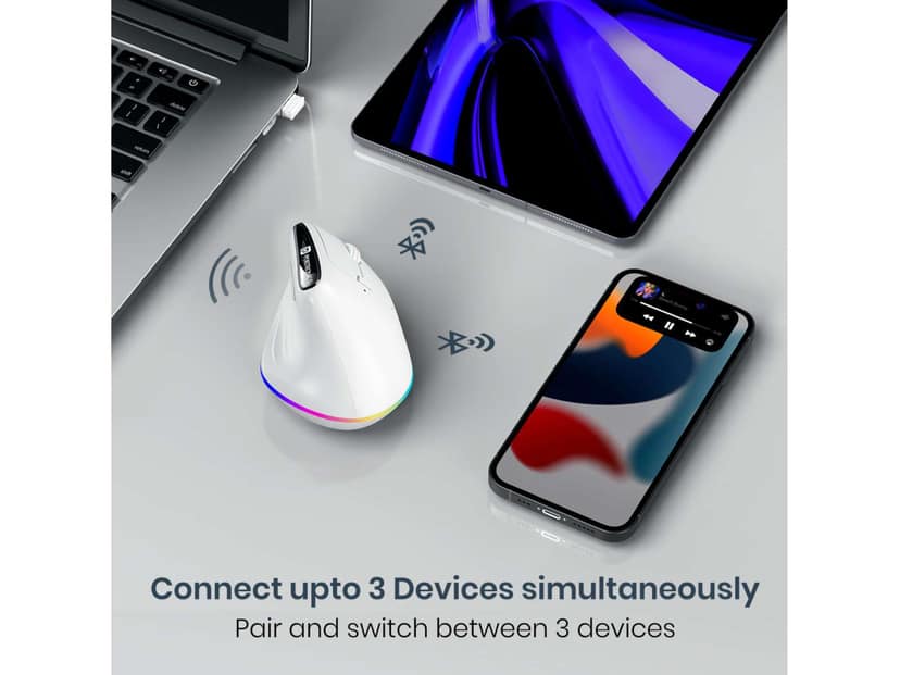 Portronics Toad Ergo 3 Ergonomic Wireless Mouse with RGB, 2400 DPI, Dual Mode BT & 2.4GHz Connectivity, Rechargeable Battery, 6 Buttons, Adjustable DPI - White view 2