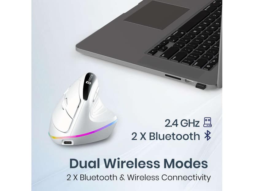 Portronics Toad Ergo 3 Ergonomic Wireless Mouse with RGB, 2400 DPI, Dual Mode BT & 2.4GHz Connectivity, Rechargeable Battery, 6 Buttons, Adjustable DPI - White view 3