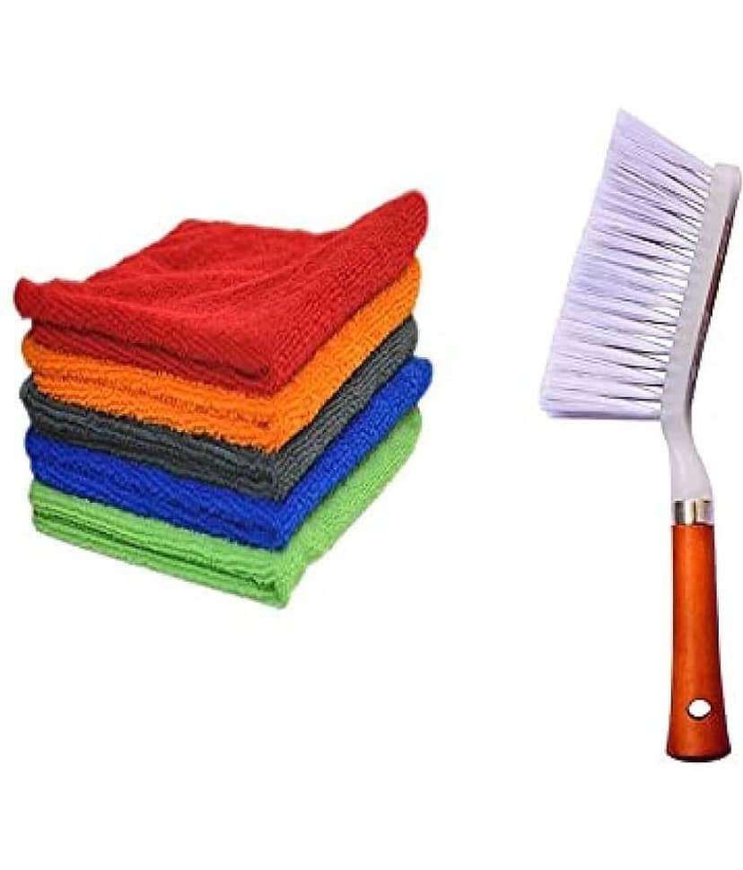 INGENS Combo of Car and Carpet Cleaning Brush and Microfiber Cleaning Cloths,40x40cms 250GSM Highly Absorbent, Lint and Streak Free,Wash Cloth for Car, Window(Pack of 5 Cloth and 1 Brush)…