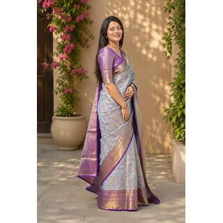 Women's Premium Kanjivaram Silk Saree with Woven Zari Border Blouse Piece Pastel Purple Wedding Festive Traditional view 2