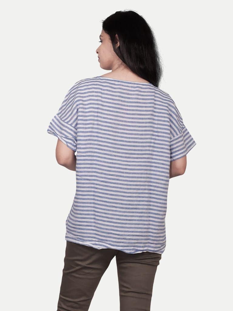 Women Blue Striped Linen Top view 4