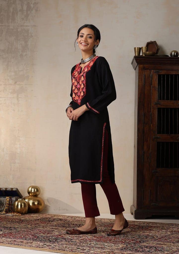 HOC Crafts Aari Embroidered Woollen Solid Women's Long Kurta - Black view 4