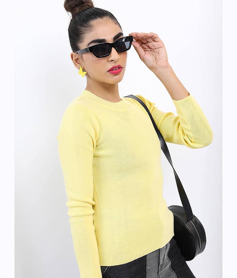 Ketch Women Acrylic Round Neck Pullover ( Yellow ) view 3