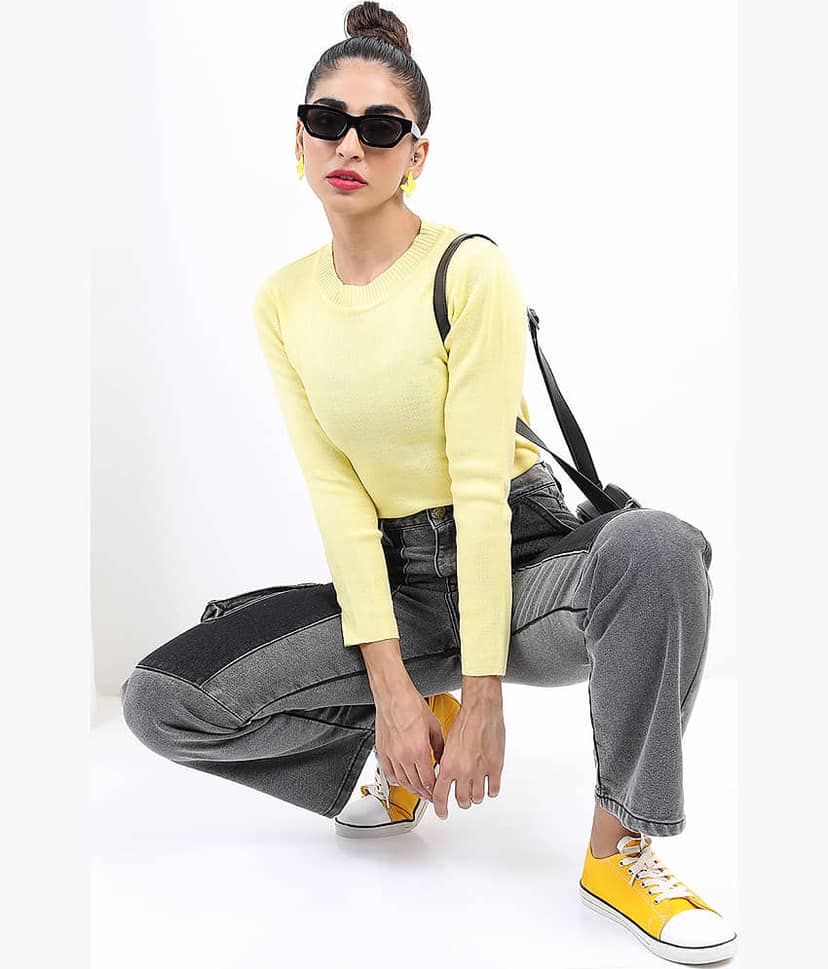 Ketch Women Acrylic Round Neck Pullover ( Yellow ) view 5