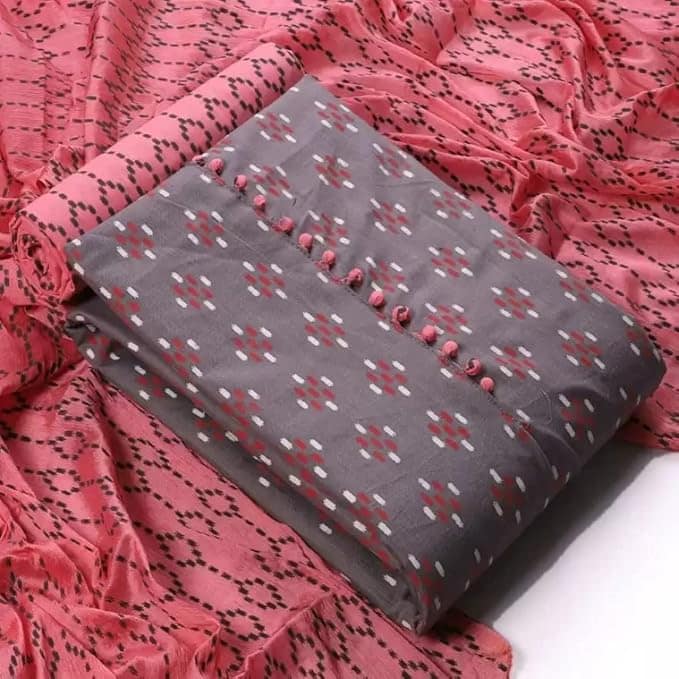 Women's Grey and Pink Printed Cotton Salwar Kameez Dupatta Set