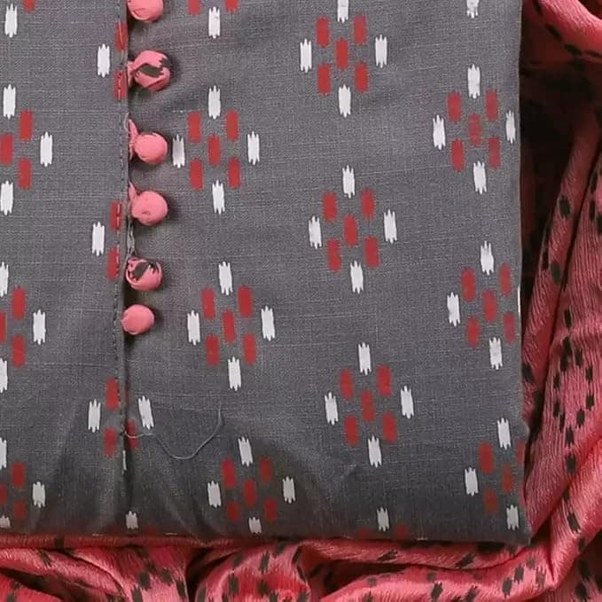 Women's Grey and Pink Printed Cotton Salwar Kameez Dupatta Set view 2