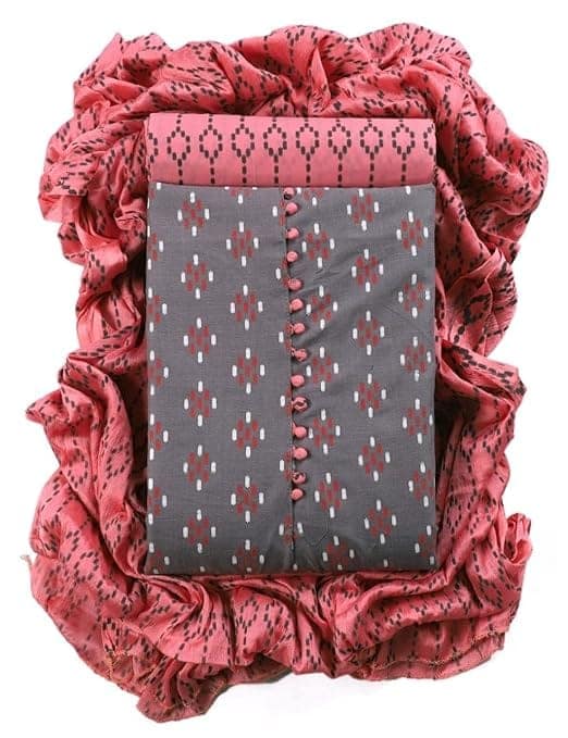Women's Grey and Pink Printed Cotton Salwar Kameez Dupatta Set view 3