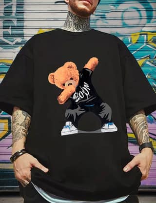 SCOTT FINCHER Men's Summer Casual Dabbing Bear Graphic T-Shirt : AA(ARN)BLACK_152