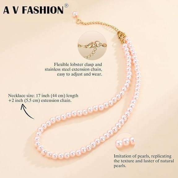 A V FASHION - Pearl Necklace For Girl and Women Pink Pearl Necklaces for Women, 8MM 16 Inch Beaded Choker Necklace 1 Layer Beaded Mala Fashion Jewellery view 2