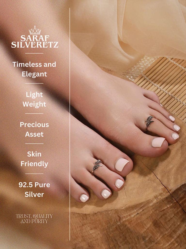 925 Sterling Silver Oxidised Leafy Minimal Toe Ring view 3