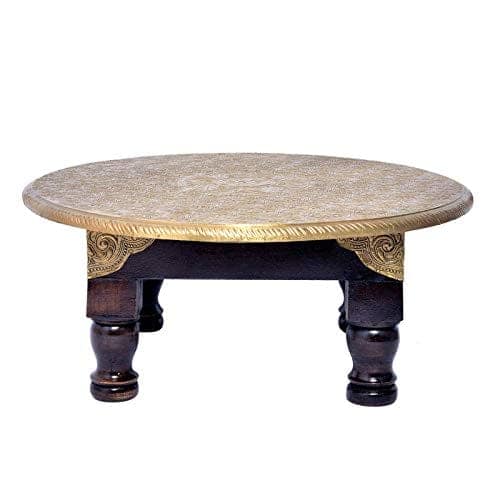 Wood & Brass Chowki | Brass Work Pooja Bajot Stool | Home Decor Sitting Table (Goldcolor_12 x 12 x 6 Inches) view 2