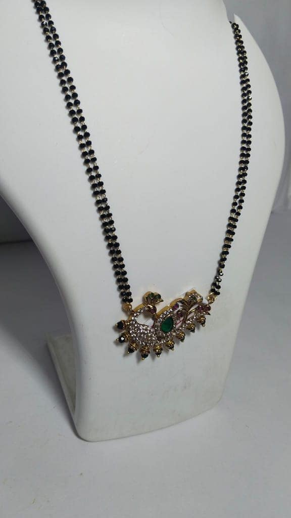 Black Beads Traditional Indian Mangalsutra Necklace with Gold Peacock Pendant view 2