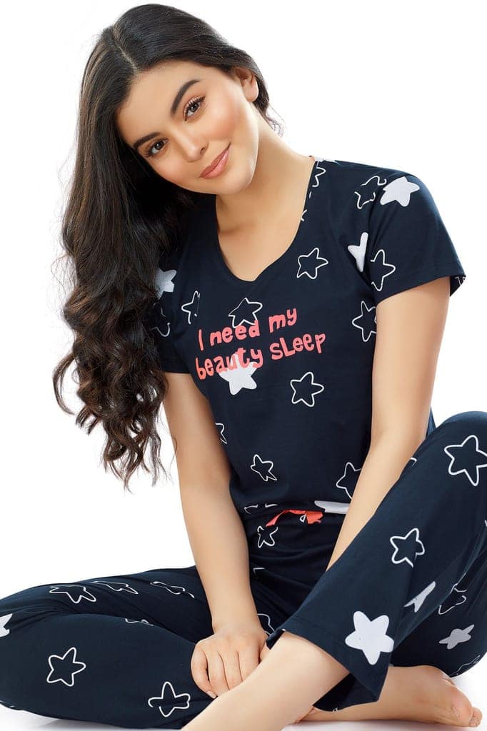 ZEYO Women's Cotton Green Star Printed Stylish Night suit set