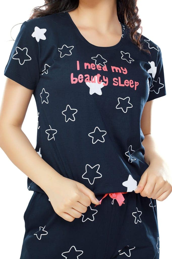 ZEYO Women's Cotton Green Star Printed Stylish Night suit set view 2