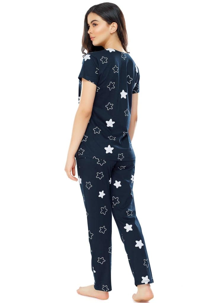 ZEYO Women's Cotton Green Star Printed Stylish Night suit set view 3