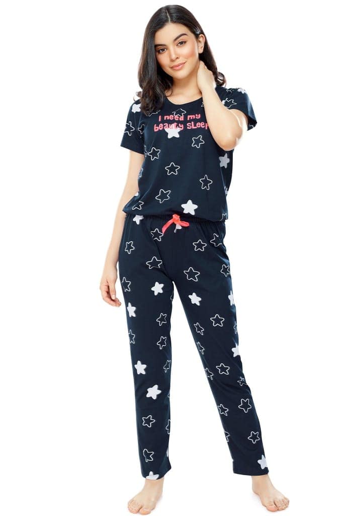 ZEYO Women's Cotton Green Star Printed Stylish Night suit set view 5
