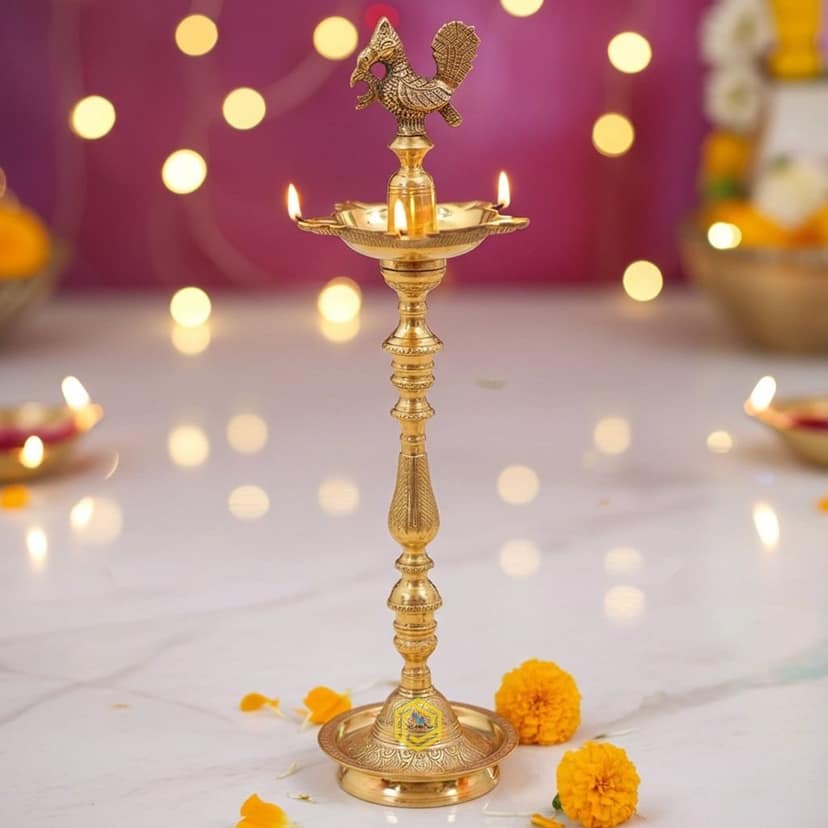Brass Table Decor Mahabharat Oil Lamp Deepak - Classic Brass Deepak for Home Temple, Height : 66.5 Inch (FMAS686 K)