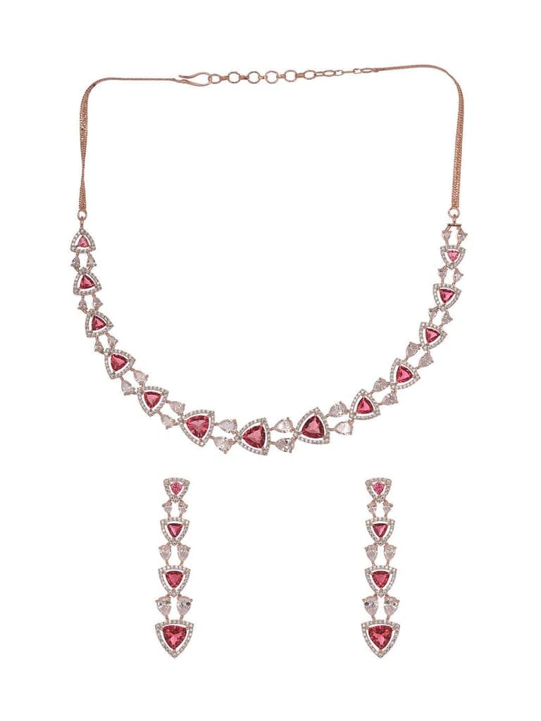 Rose Gold Plated Red AD studded Triangle shaped designer Necklace Jewellery Set view 3