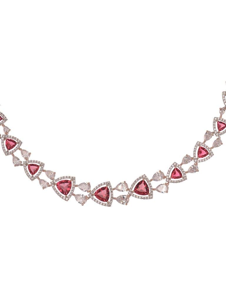 Rose Gold Plated Red AD studded Triangle shaped designer Necklace Jewellery Set view 4