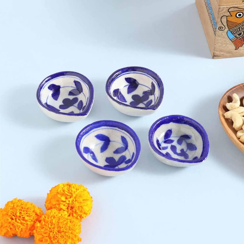 Blue Pottery Diyas Set of 5 (Assorted, 1 inch x 2.5 inches each)