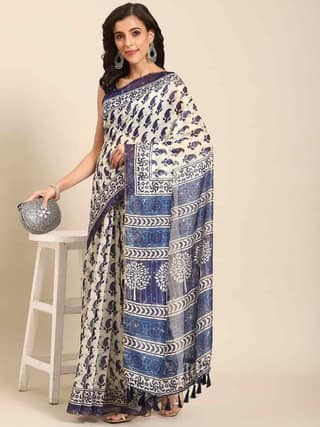 Women's Pure Cotton block print saree with unstiched blouse piece