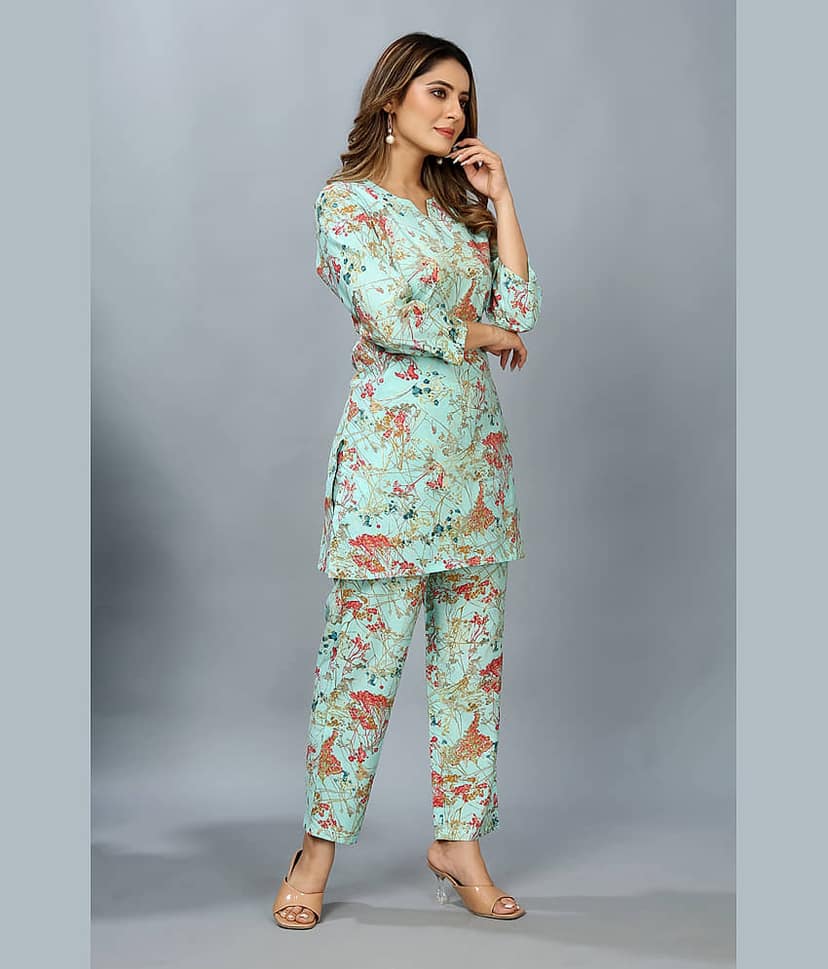 SARRAS Women Printed Kurta With Trousers Co-Ord Set ( Blue ) view 2