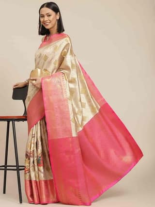 Women's Banarasi Digital Printed Zari Woven Saree with Unstiched Blouse Piece