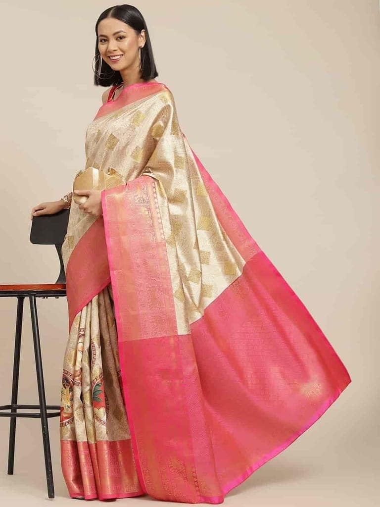 Women's Banarasi Digital Printed Zari Woven Saree with Unstiched Blouse Piece