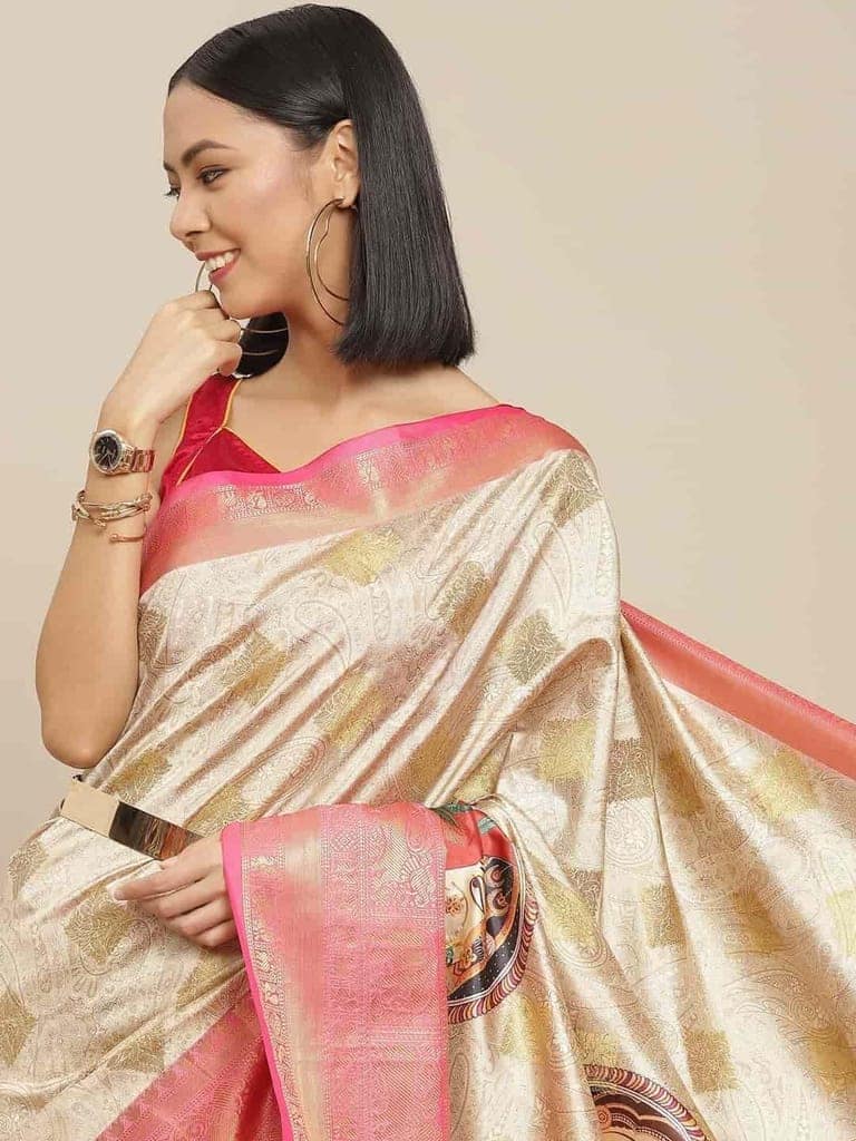 Women's Banarasi Digital Printed Zari Woven Saree with Unstiched Blouse Piece view 3