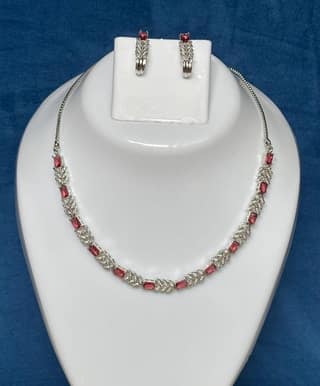 Elegant Pink Stone Silver Plated AD Necklace & Earrings Set
