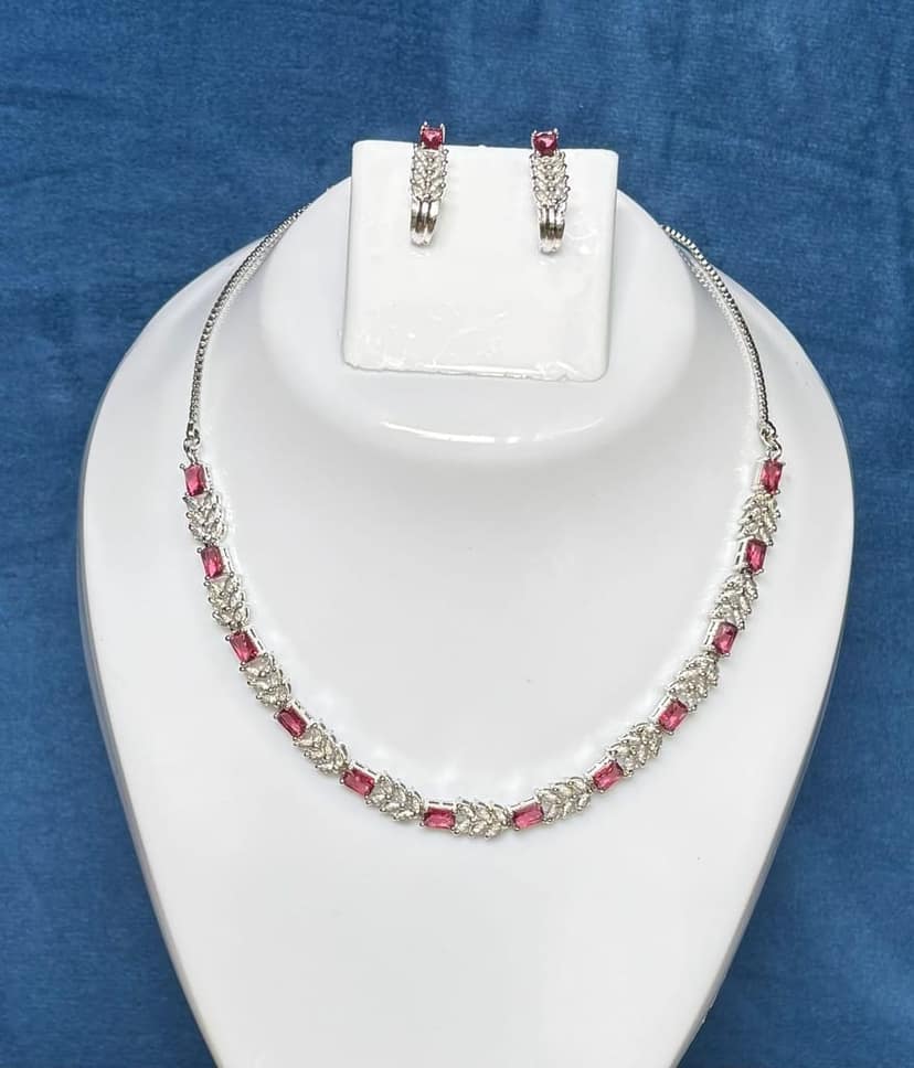 Elegant Pink Stone Silver Plated AD Necklace & Earrings Set view 2