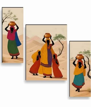 Livin'luxe Rajasthani Women Desert Art – 3 Panel Traditional Village Lady Painting with Pots for Ethnic Home & Cultural Décor 12 Inch x 20 Inch