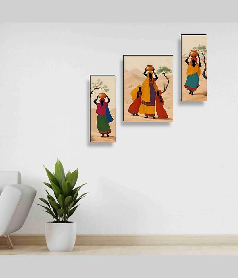 Livin'luxe Rajasthani Women Desert Art – 3 Panel Traditional Village Lady Painting with Pots for Ethnic Home & Cultural Décor 12 Inch x 20 Inch view 2