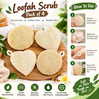 **HerFarms Natural Loofah Scrub (4) for Bath & Body | Pack of 4 | Exfoliating Body Scrubber for Daily Bathing, Skin Cleansing & Gentle Massage**