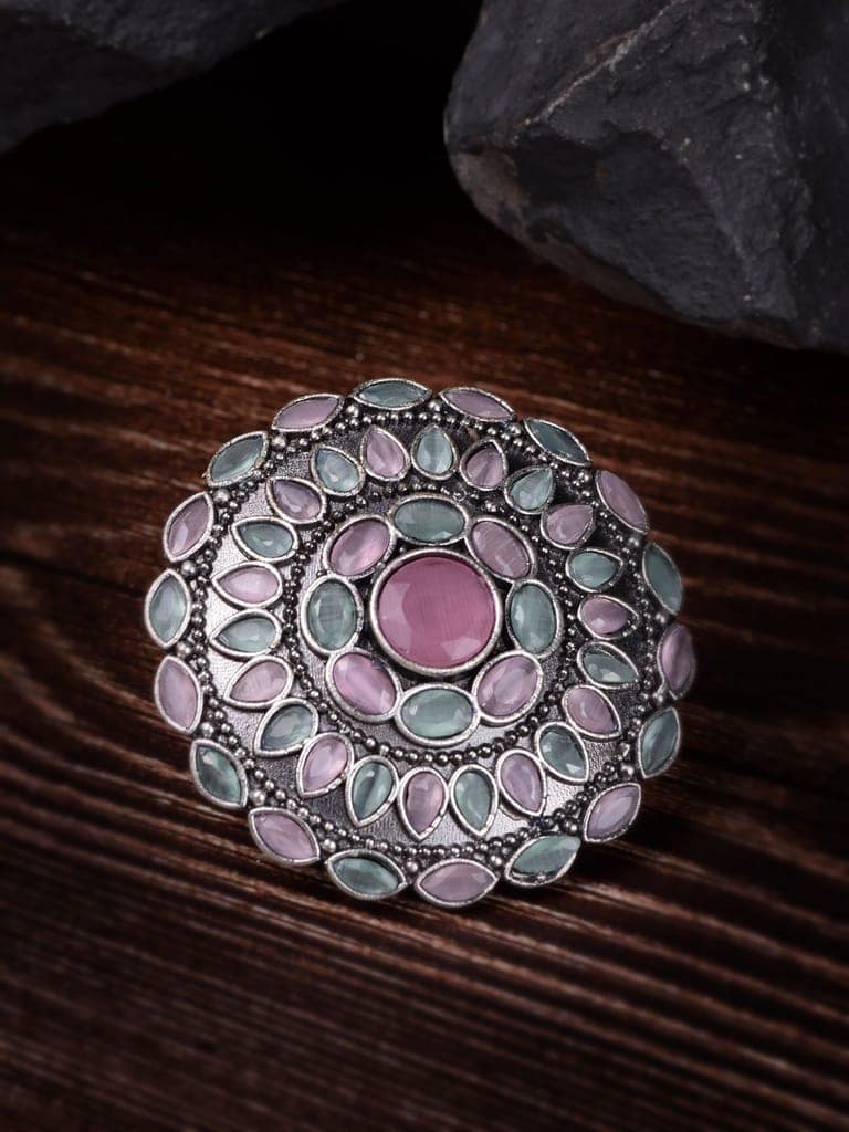 Oxidised Silver Plated Pink Mint Stone Studded Finger Ring view 2