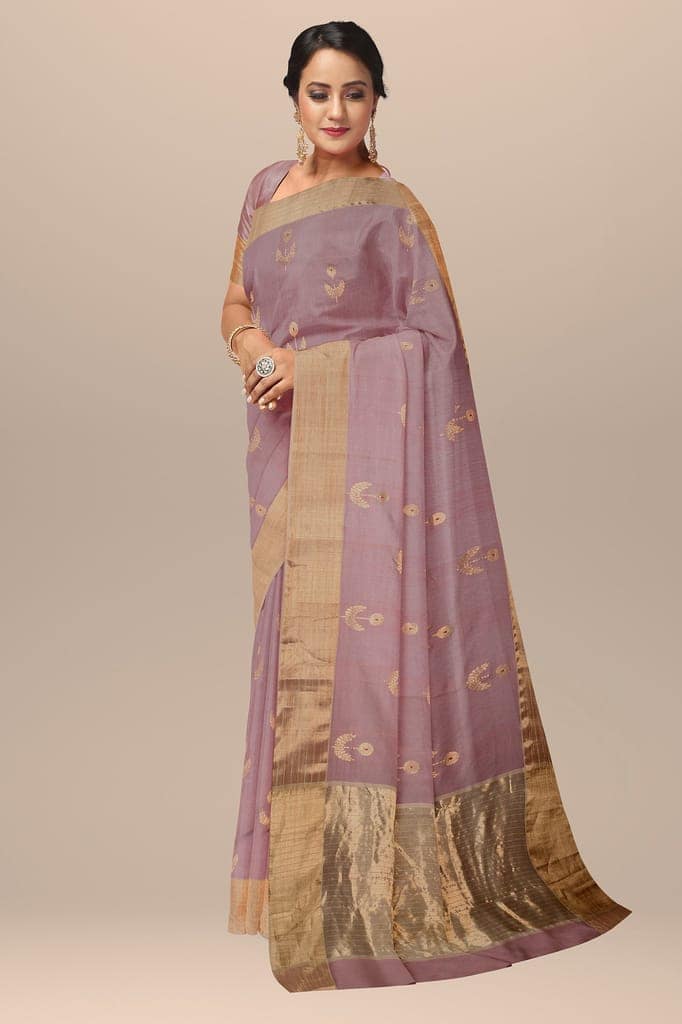 Copper Color Handwoven Traditional Floral Buta Chanderi With Golden Zari Border SKU - BS10138