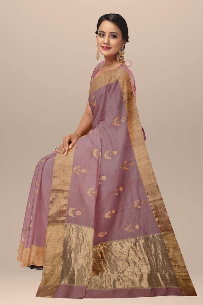 Copper Color Handwoven Traditional Floral Buta Chanderi With Golden Zari Border SKU - BS10138 view 2