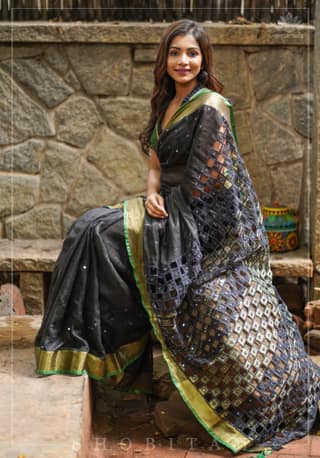 Cutwork Linen Saree in Black with Green borders