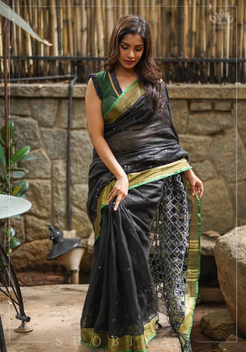 Cutwork Linen Saree in Black with Green borders view 3
