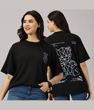 RodZen Women Cotton Blend Printed Oversized Fit Round Neck T-Shirt ( Black )