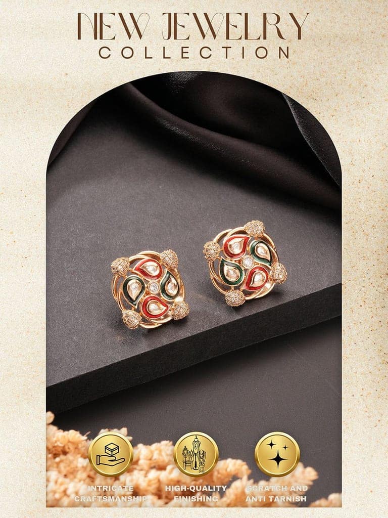 Gold Plated Uncut Moissanite Kundan Studded Mango Design Minimal Studds Earrings view 8