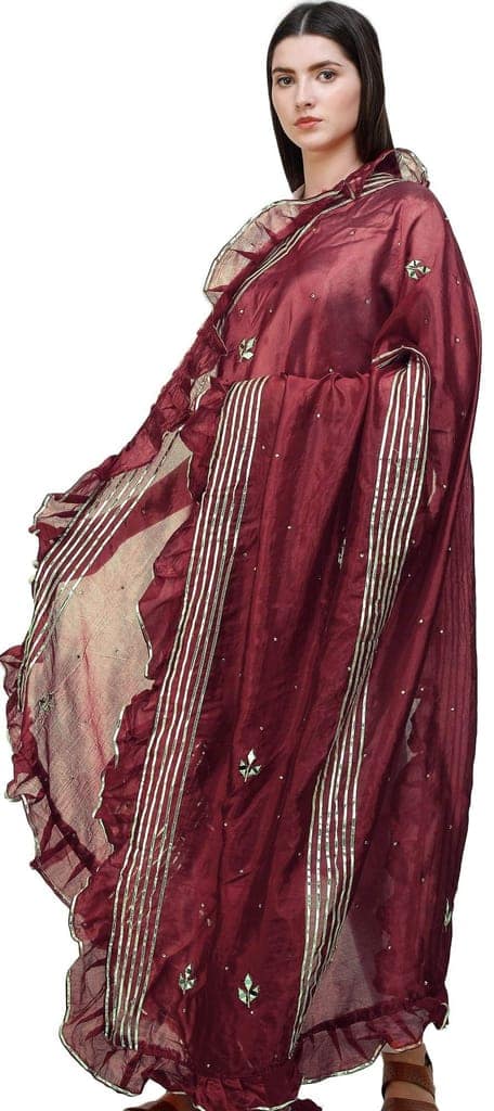 Red-Dahlia Dupatta from Amritsar with Gota Patches and Frill Border view 2