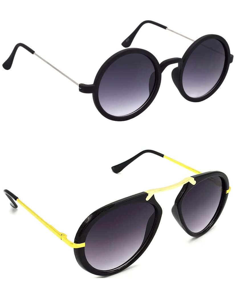 HRINKAR Unisex Round Sunglasses Silver & Golden Frame, Grey Lens (Medium) - Pack of 2