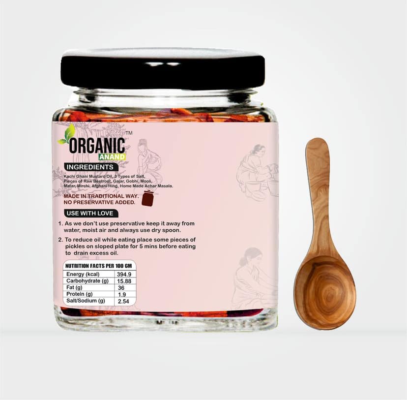 Organic Anand Natural Panchmel Pickle (Mixed Veg Aachar) Veg, Spicy, Tangy & Tasty Achaar (Beetroot, Mooli, Matar Gajar, Gobhi, Shalgam ka Achar) Homemade Aachar with Neemwood spoon (250gm-Pack of 1) view 4